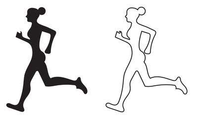 Running man Silhouette and outline icon. Vector illustration showing two simple runner icons, one solid silhouette and one outline, symbolizing fitness, sport, and activity.


