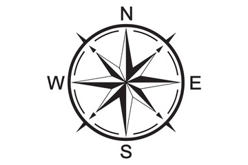 A black and white compass rose isolated on white background, a navigational instrument showing the cardinal directions and intermediate points vector illustration