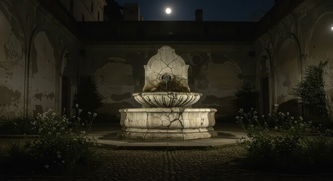 Moonlit night illuminates an aged stone fountain with flowing water, showcasing architectural details within a secluded, weathered courtyard, featuring surrounding shrubbery and a cobbled pathway... - Powered by Adobe