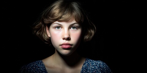 Portrait of a Young Girl in Dramatic Lighting Against a Dark Background