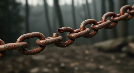 A broken chain, heavily rusted with a distinct brown hue, displays a symbol of freedom or fragility, set against a blurred, moody forest background.