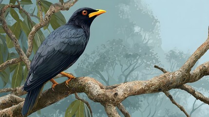 Perched prominently upon a weathered branch, a sleek, ebony-colored avian creature is depicted in a detailed illustration, showcasing sharp features and vibrant yellow beak against a misty forest...