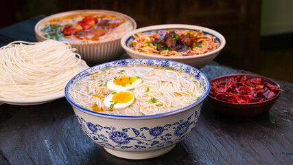 Handmade Thin Noodles with Egg in Clear Soup Broth Traditional Asian Cuisine
