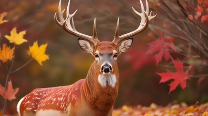 Red deer stag portrait during fall – rich autumn foliage, soft sunlight illuminating its face and antlers, realistic and striking wildlife depiction.