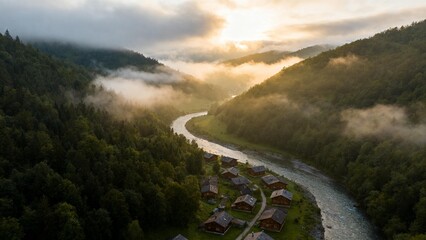 Mountain valley with river and cabins