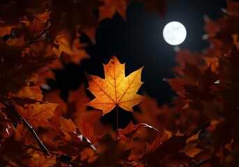 Autumn maple leaf under full moon