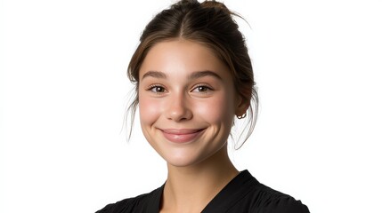 Cheerful Young Woman Smiling Against a White Background, Perfect for Lifestyle and Portrait Photography