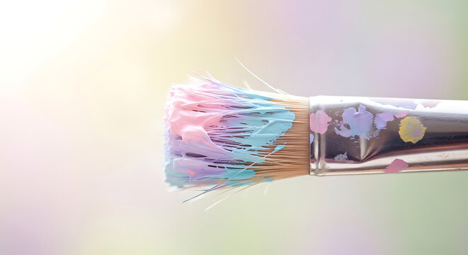 Close-up of a paintbrush loaded with pastel colored paints, showing bristles and handle.