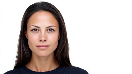 Confident Woman with Long Dark Hair Against a Clean White Background