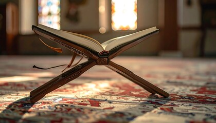 An open holy book rests on a wooden stand inside a building with colorful stained-glass windows, soft lighting