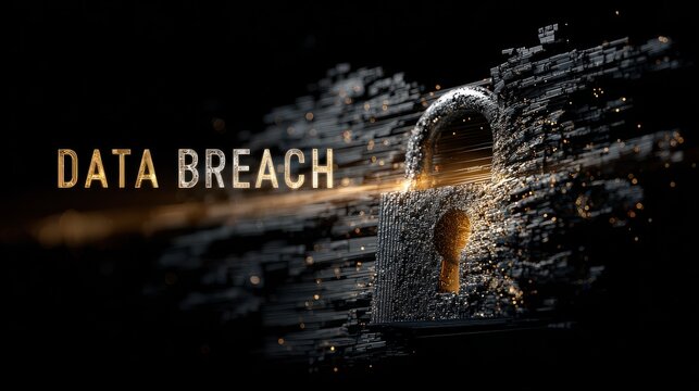 Digital lock breaking apart with data breach text image