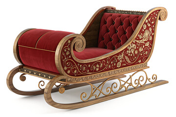 A luxurious red and gold santa sleigh with intricate floral designs on a white background isolated shot