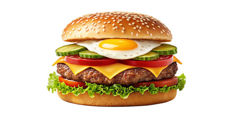 Gourmet Cheeseburger with Sunny Side Egg on Transparent Background
Delicious Layered Beef Burger with Cheese, Vegetables, and Egg