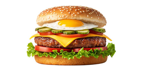 Gourmet Cheeseburger with Sunny Side Egg on Transparent Background
Delicious Layered Beef Burger with Cheese, Vegetables, and Egg