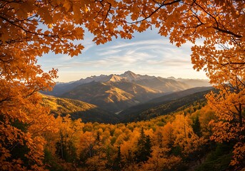 Autumn mountain valley framed by maple leaves