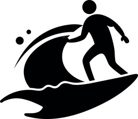 Black silhouette of ocean wave with surfboard rider.