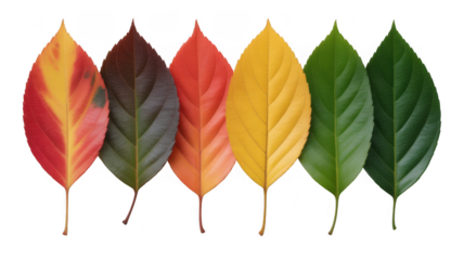 Six autumn leaves showing color transition isolated on transparent background. autumn leaves isolated on white