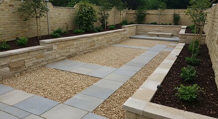 Obraz premium Serene garden design featuring stone walls gravel pathways and planting