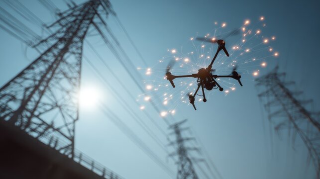 Drone inspecting power lines with sparks against clear sky aerial inspection