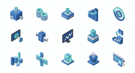 Isometric Icons Set for Business, Technology, Data Analytics, and Financial Growth Solutions with Digital Transformation Concepts