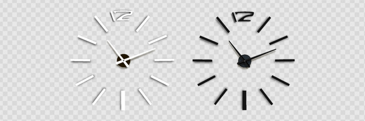 Vector 3d Realistic Classic Metal Steel Silver Gray Wall Office Clock Icon Set Closeup Isolated on Transparent Background. White and Black Dial. Design Template for Mockup. Front or Top View