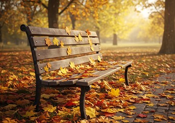 Autumn park bench with fallen leaves