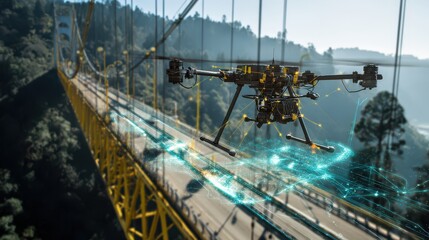 Drone technology inspecting yellow suspension bridge aerial inspection