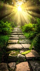 Sunlit path through lush forest