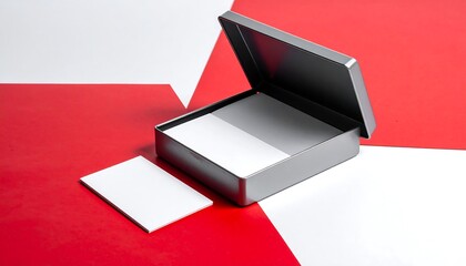 An open metallic box with white cards, resting on a red and white geometric background. A single card is separate