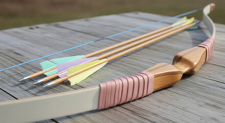 A recurve bow with three arrows resting on a weathered wooden surface, ready for archery practice.