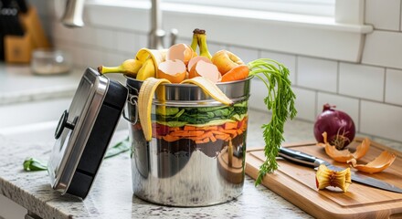 Stainless steel compost bin filled with food scraps on counter