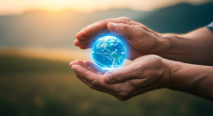 Hands protecting glowing globe on natural background at sunset