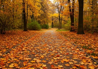 Autumn park path covered in fallen leaves