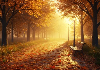 Autumn park path golden light