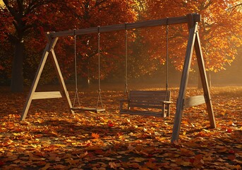 Autumn park scene with swing set