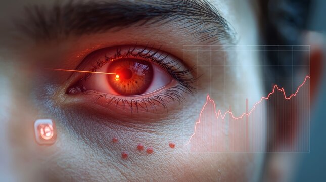 A dramatic, extreme close-up shot of a human eye with an overlay of futuristic, augmented reality (AR) data.
- Powered by Adobe