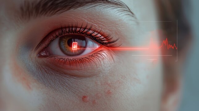 A dramatic, extreme close-up shot of a human eye with an overlay of futuristic, augmented reality (AR) data.
