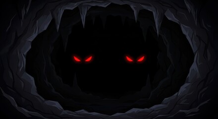 Sinister red eyes peering from within a shadowy cave entrance, evoking feelings of mystery, anticipation, and impending danger with dark shades and ominous tones, emphasizing the unknown.