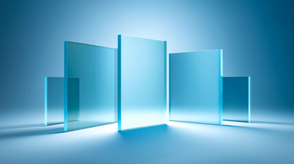 Modern glass panels in staggered formation on a reflective surface, illuminated by soft blue light. Minimalist architecture is ideal for design, tech, and commercial use.