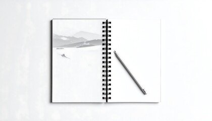 An open spiral-bound notebook lies on a white surface. A grayscale landscape photo is visible on one page. A grey pen rests on the other