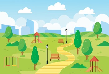 Children's playground in a public park with slides, swings, and benches. Outdoor kids area with city buildings in the background