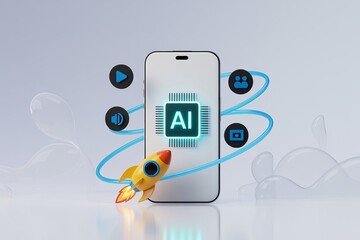 Artificial intelligence technology concept with smartphone and rocket