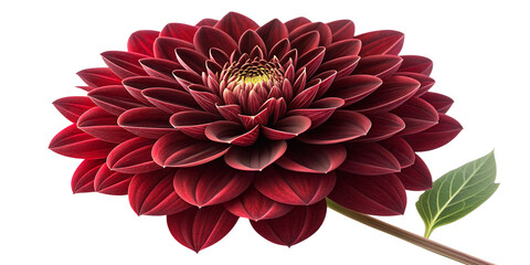 A highly detailed close-up of a deep red dahlia flower in full bloom, with perfect symmetrical petals radiating outwards, velvety texture, intricate natural patterns, and a soft gradient of light high