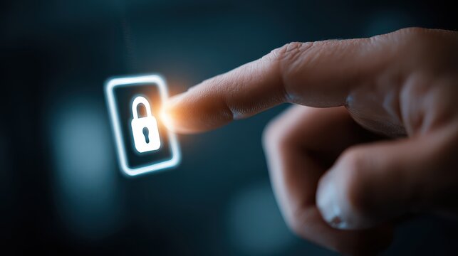 Finger pressing illuminated lock icon image