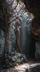 A serene cave scene illuminated by dappled light, featuring lush vines and flowers, creating a mystical atmosphere in nature.
