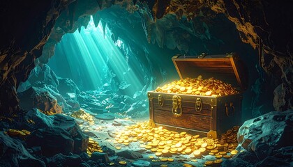 An open treasure chest overflowing with golden coins sits in a dimly lit cave, light beams shining down