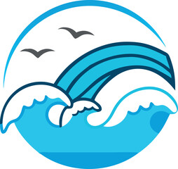 Vector surfing symbol with wave and seagulls.