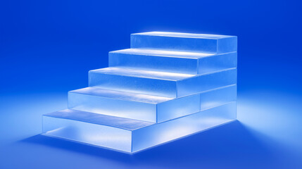 Modern glass staircase with translucent steps against a deep blue background, featuring reflective surfaces and minimalist lighting—ideal for architectural, design, or concept visuals.