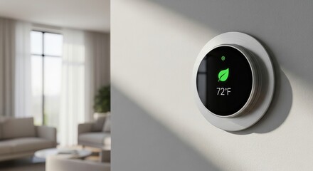 A smart thermostat on a wall with a living room background