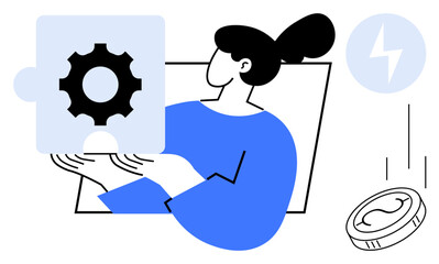 Woman holds gear-shaped puzzle piece, representing strategy, creativity, and teamwork. Coin and energy icon convey efficiency and success. Ideal for business, learning, innovation, teamwork